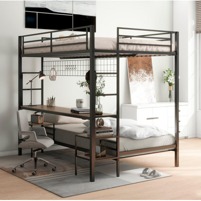 Bunk Bed with Desk and Charging Station and Storage Shelves and Metal Wire Mesh Panel with Hooks for Teen, Safety Guard & Stairs, No Box Spring Neede by Mason & Marbles