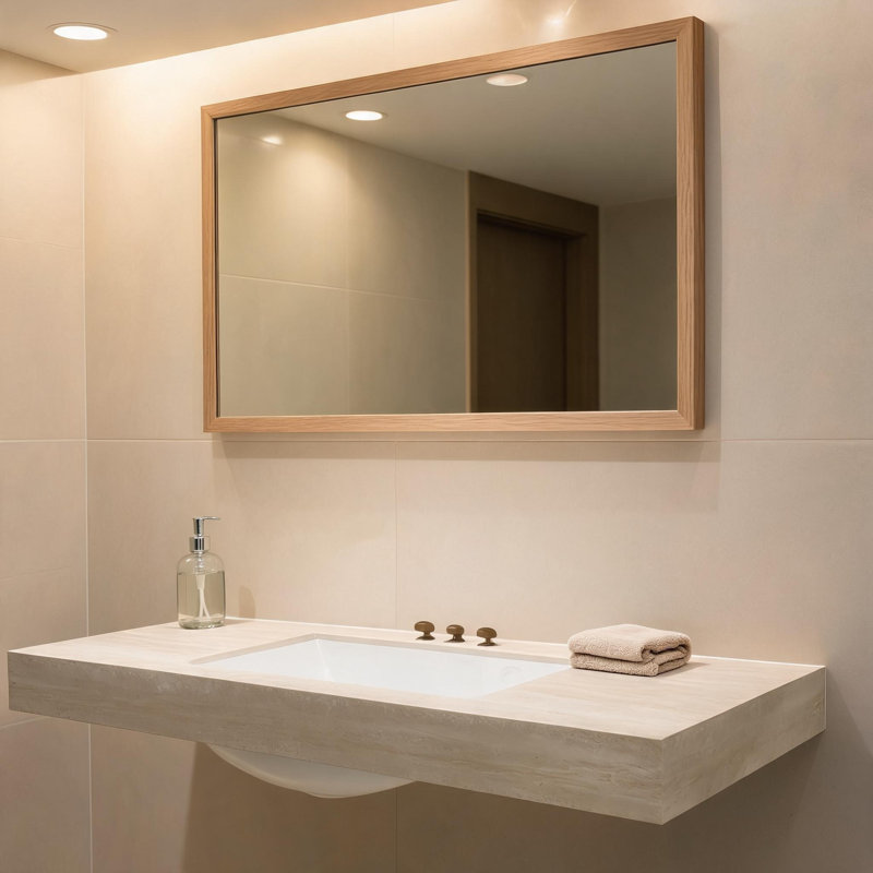 Comptoir en pierre frittée de 48 pouces, motif travertin beige Roma, avec lavabo en céramique encastrée et trois trous prépercés pour robinetterie standard.