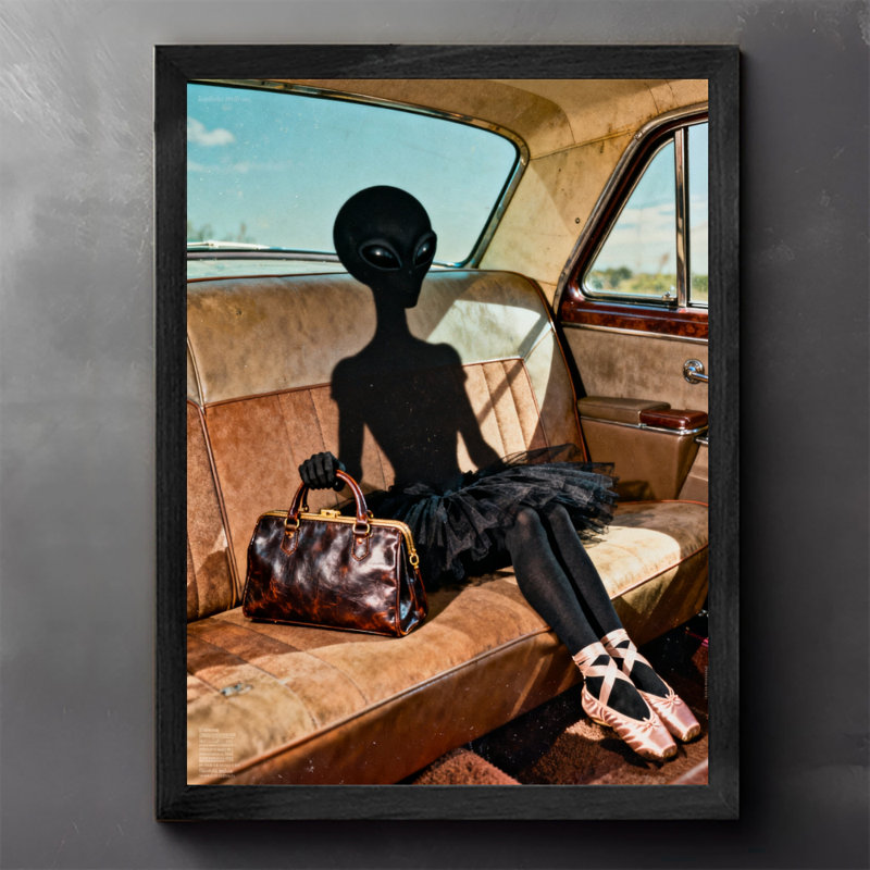 Reproduction d'art encadrée noire, ballerine exotique dans une voiture rétro, H 11 po x l 9 po
