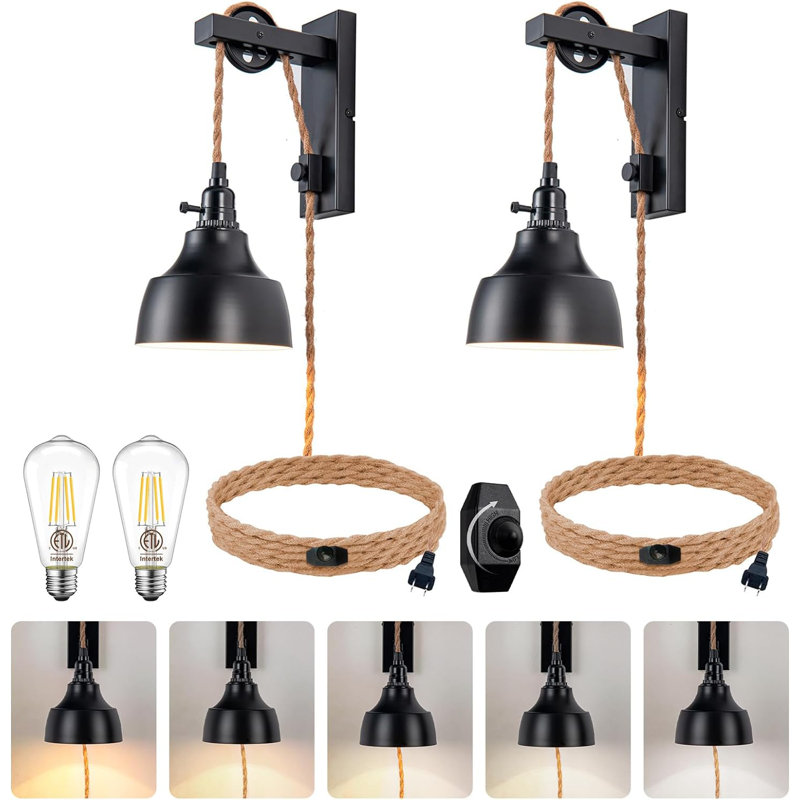 Dimmable Plug-In Wall Sconces With Pulley Design, Vintage Hanging Light Fixture, Adjustable Height, E26 Bulb Compatible, Set Of Two For Bedroom, Living Room, And Hotel