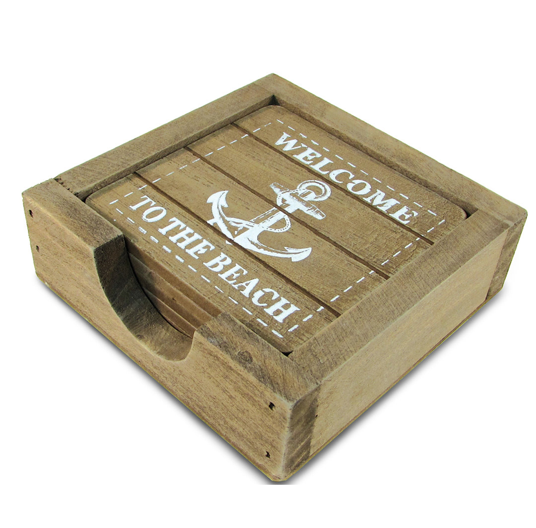 Wood Square 7 Piece Coaster Set With Holder Breakwater Bay