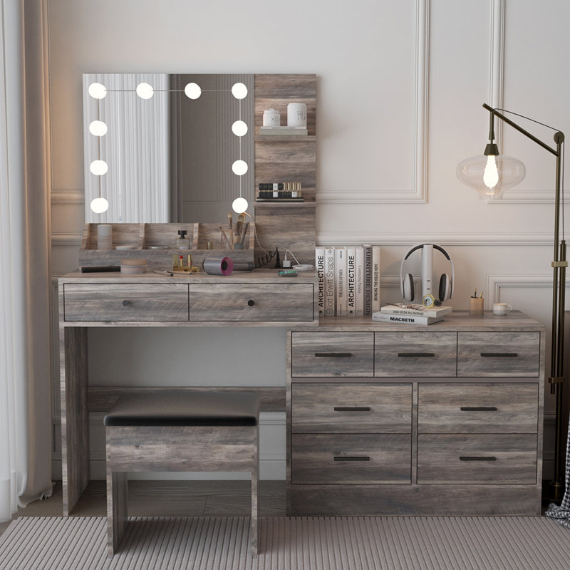 Makeup Vanity With Lights, Charging Station And Mirror, Black, Gray