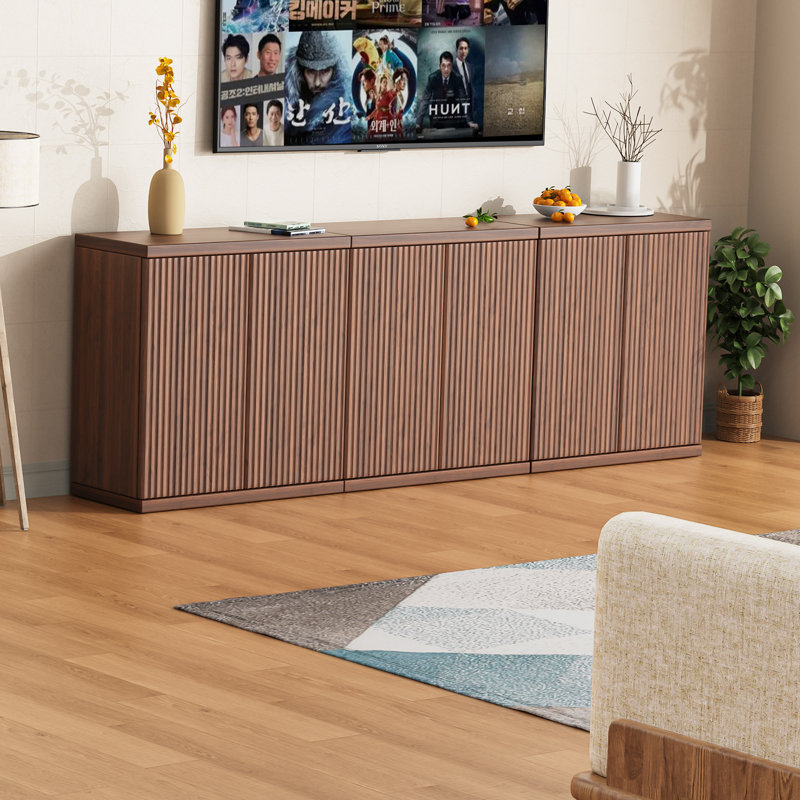 61.8'' W Sideboard Buffet Cabinet With Fluted Doors And Adjustable Shelves (Set of 2), Brown