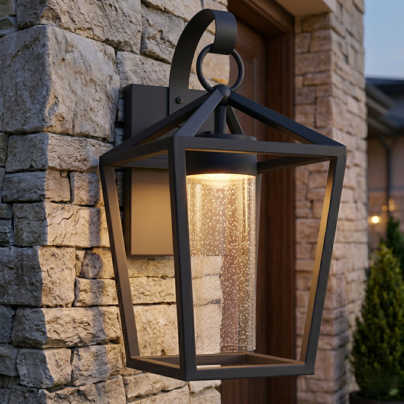 15''H Dimmable LED Black Seeded Glass Outdoor Wall Sconce with Dusk to Dawn