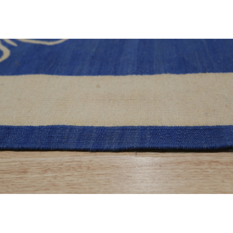 Blue Handwoven Wool Clover Grid Geometric Modern Contemporary Carpet Rug, 6' x 8'
