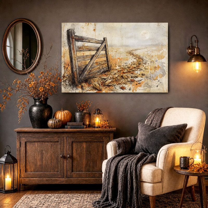Toile ouverte en forme de porte ouverte en bois et chemin éclairé par la lune, 28"H x 40"W