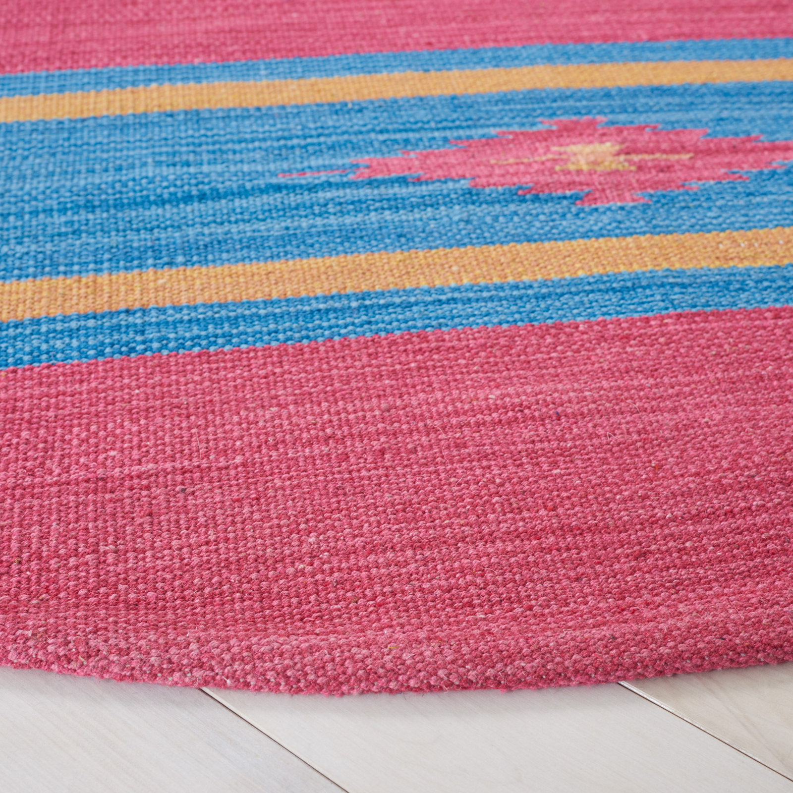 Danely Pink Blue Yellow Flatweave Cotton Rug, Round 6'