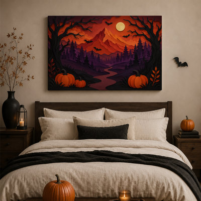 Citrouilles en papier superposées et forêt avec montagnes - Toile murale d'Halloween