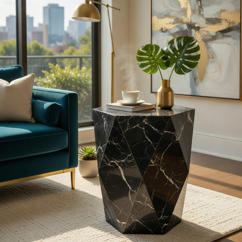 Table d'appoint Kia, forme de tambour hexagonal moderne, verre noir à facettes 19 po