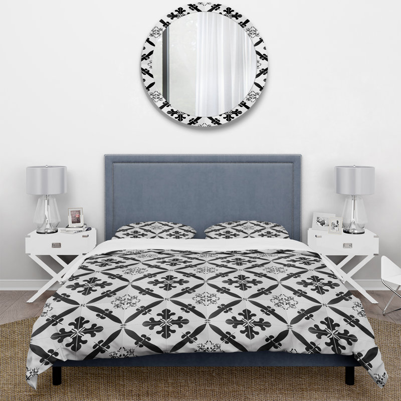 Ensemble de housse de couette à motif floral rétro noir, Housse de couette très grand + 2 taies décorativ