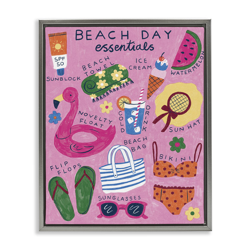  "Beach Day Essentials", art mural par Lisa Barlow, H 21 po x l 17 po, Cadre flottant gris lustré
