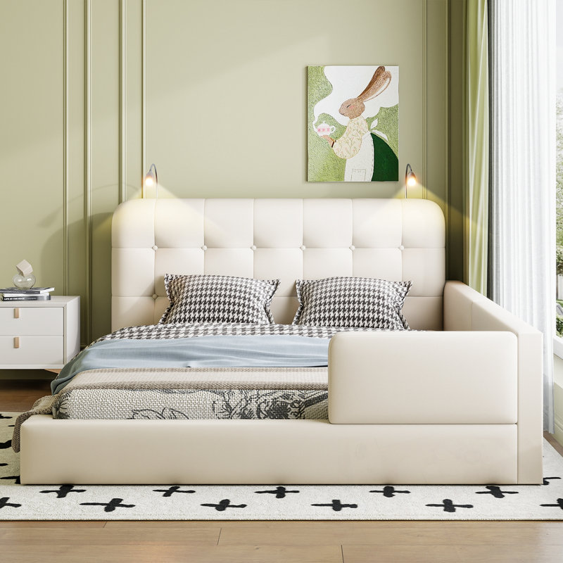 Grand lit plateforme tapissier avec 2 lampes de lecture, Blanc