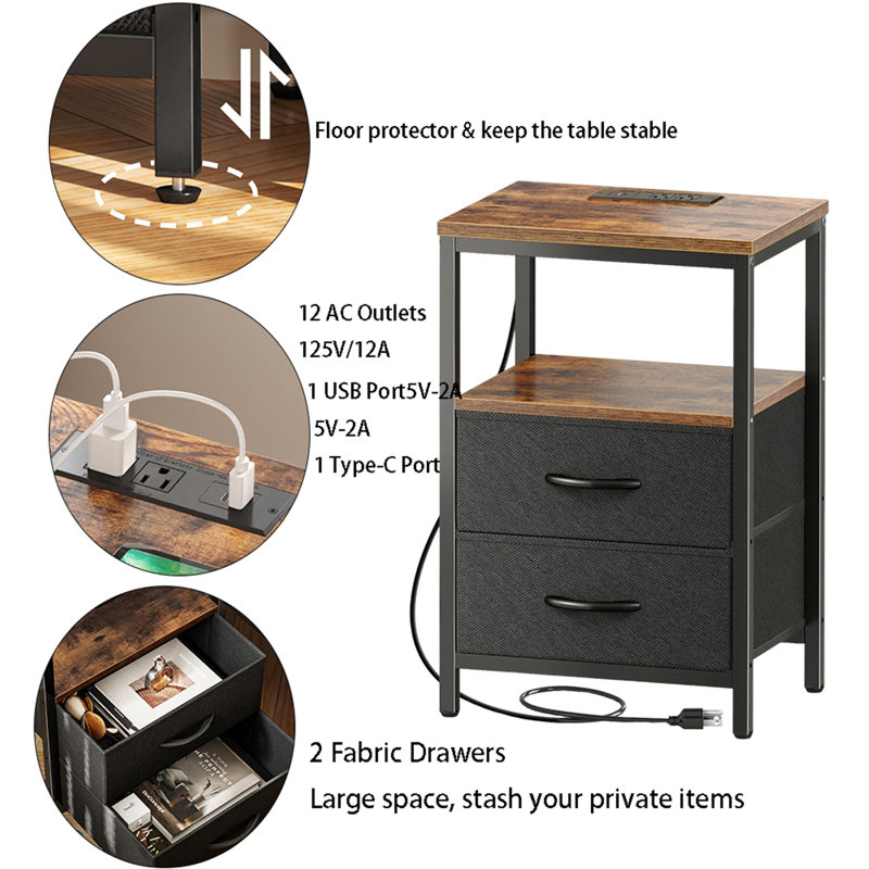 Charging Bedside Table With Drawers, Rustic Brown/Black