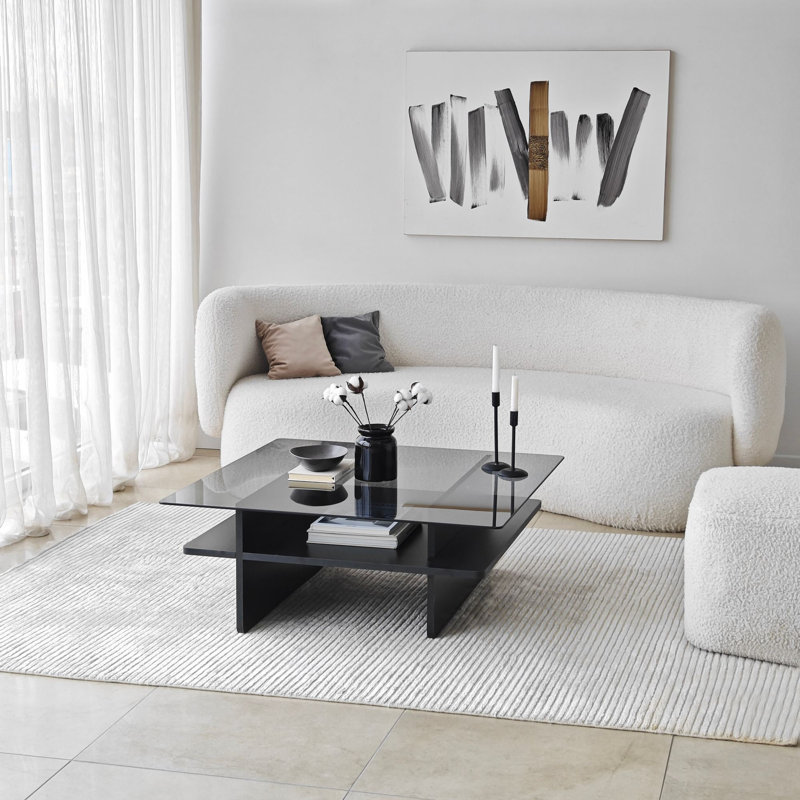 Modern Coffee Table, Black & Fume Color, 35.4 x 13.8 x 35.4 inches | 100% Tempered Glass Top, 100% Melamine Coated Particle Board Frame, PVC Edgebanding | Stylish Addition for Living Room & Contemporary Spaces