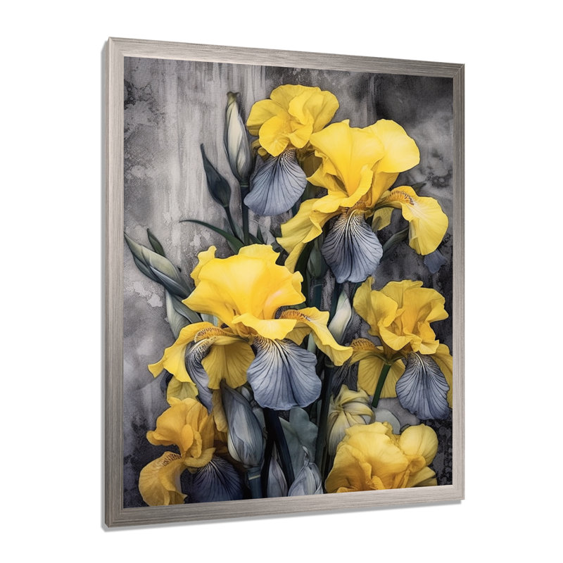 Art mural mural jaune et gris jaune Iris I, Cadre simple argenté, H 32 po x l 16 po x P 1 po