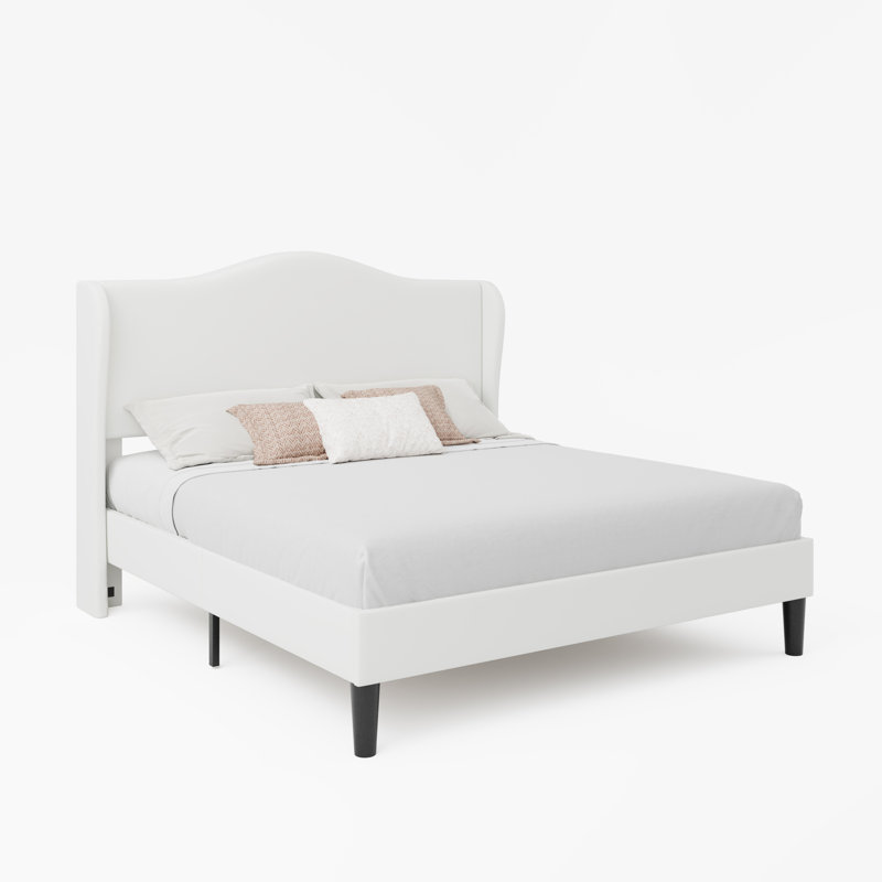 Velvet Crown Wingback Upholstered Bed With Headboard, Full/Queen/King,No Box Spring Needed, White, Queen