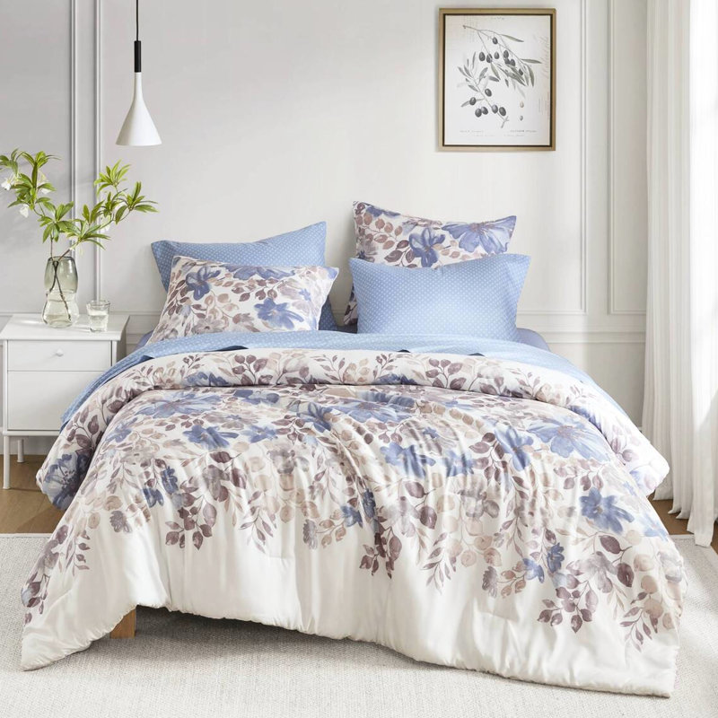 Édredon avec draps - très grand bleu, literie à motif floral aquarelle lavable à la machine, 2 taies décoratives