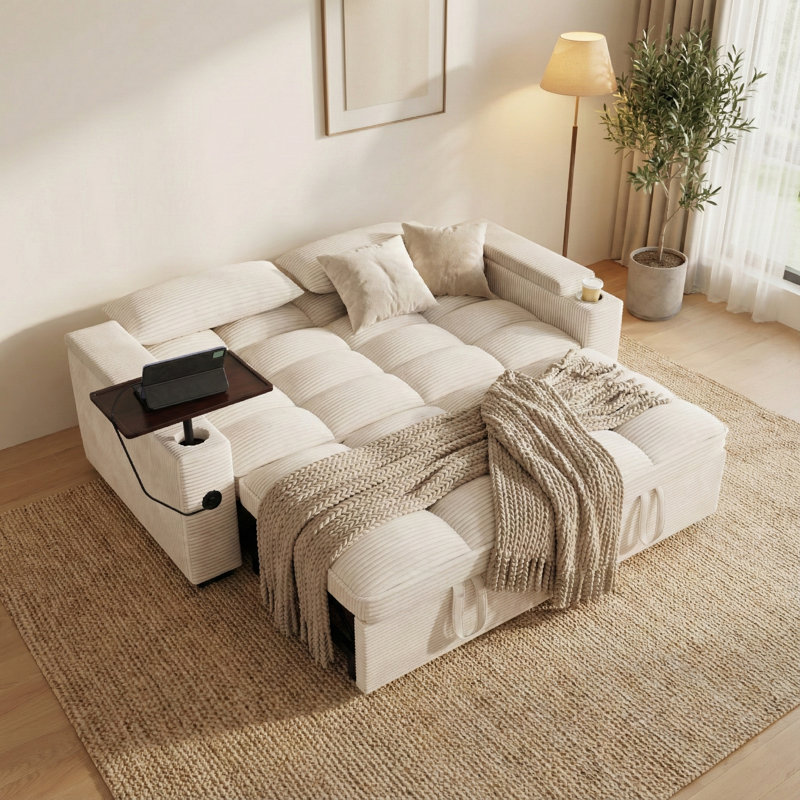 Canapé-lit convertible 3-en-1 de 65 po de largeur avec table d'appoint, Beige