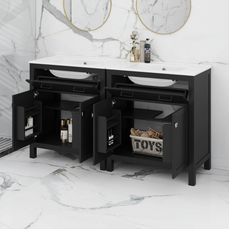 60" Bathroom Vanity Set, Double Vanities, Double Ceramic Sinks, Storage Shelf, And Divided Drawers, Noir