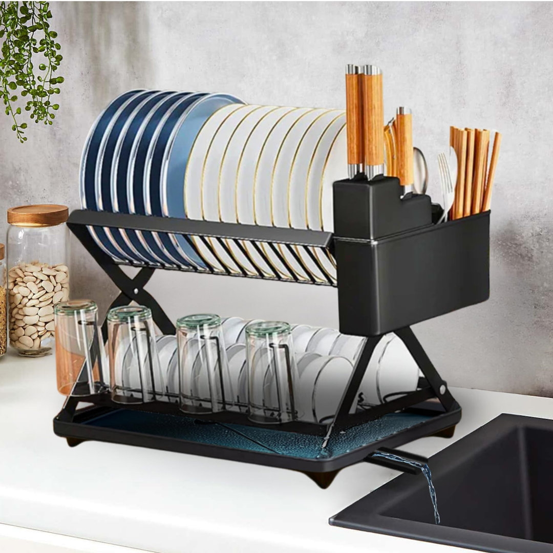 Foldable 2-Tier Dish Drainer With Drip Tray, Cutlery Drainer And Drain Rack