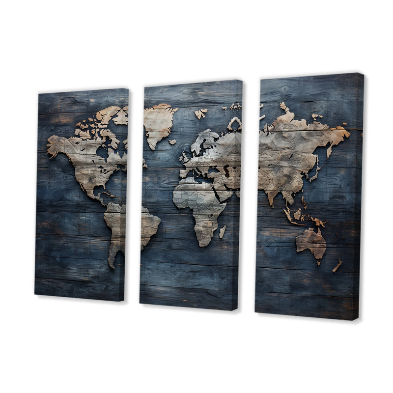 «Rustic Route World Map II», ensemble de reproductions d'art mural carte du monde, H 28 po x l 36 po x P 1 po