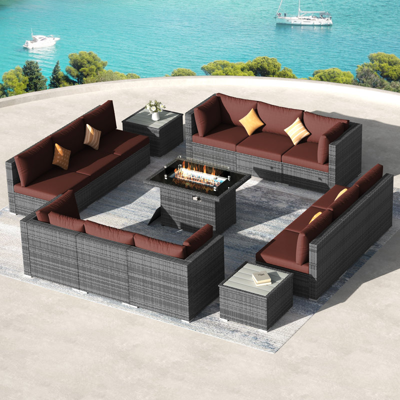 15-Piece Outdoor Modular PE Wicker Sectional Conversation Set with 43" Propane Fire Pit Table, 2 Side Tables & Cushions, Red