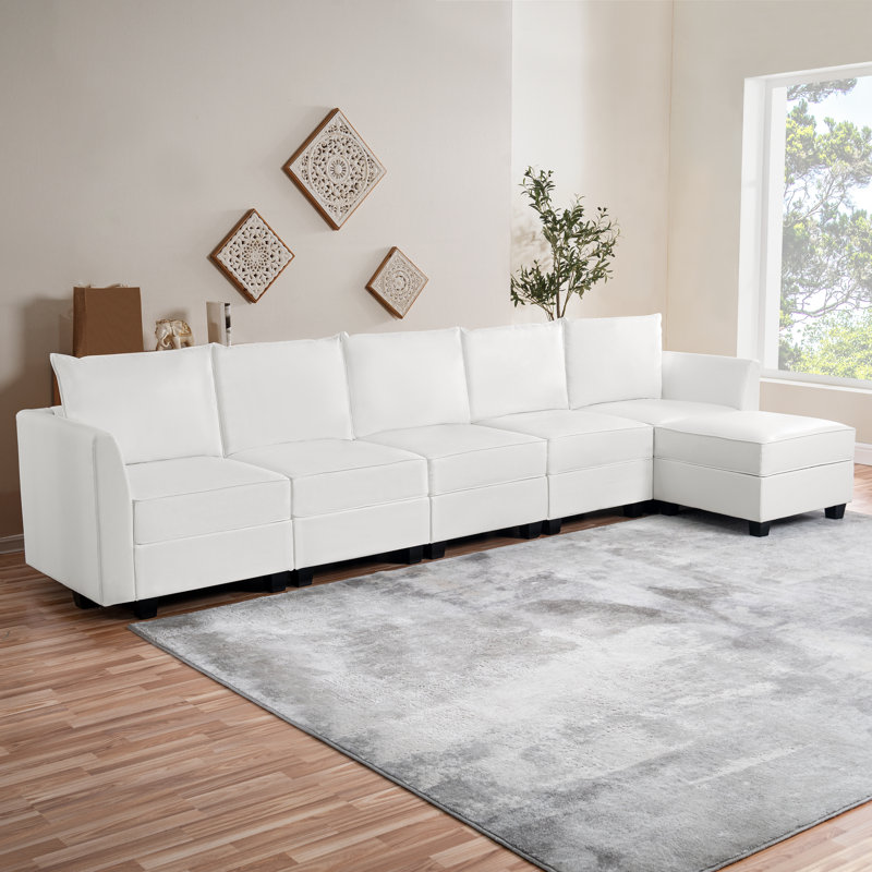 Canapé modulaire en U convertible 5 places avec repose-pieds et méridienne réversible Rudolfa, Blanc brillant