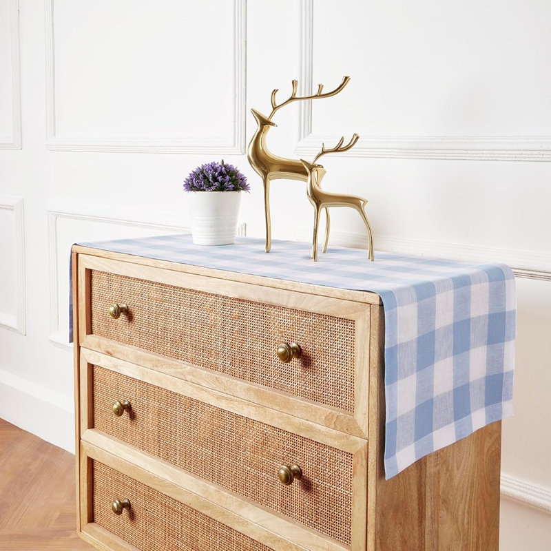 Chemin de table en lin - Bleu / blanc - Style buffle à carreaux, 100% lin pur, chemin de table court pour commode et table basse