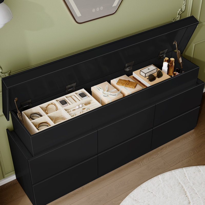 Meuble télé 55 po avec tiroir, coiffeuse et 6 tiroirs avec lumière DEL noire 55 po, Noir