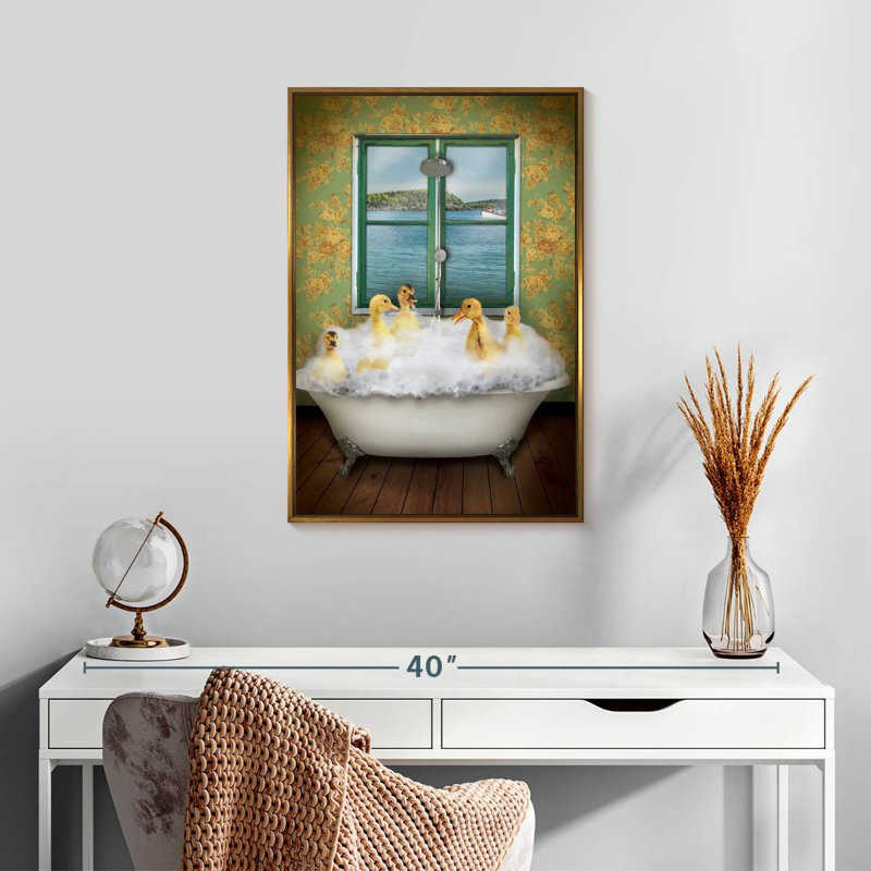 Ducks In Bath Tub, Floating Frame Gold, 17" x 25"