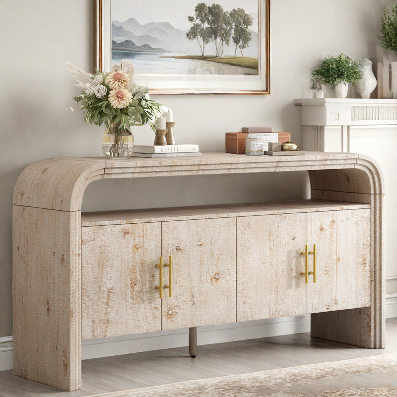 4-door Elegant Console Table With Natural Embossed Texture, Curved Edge And Metal Handles, Natural Wood