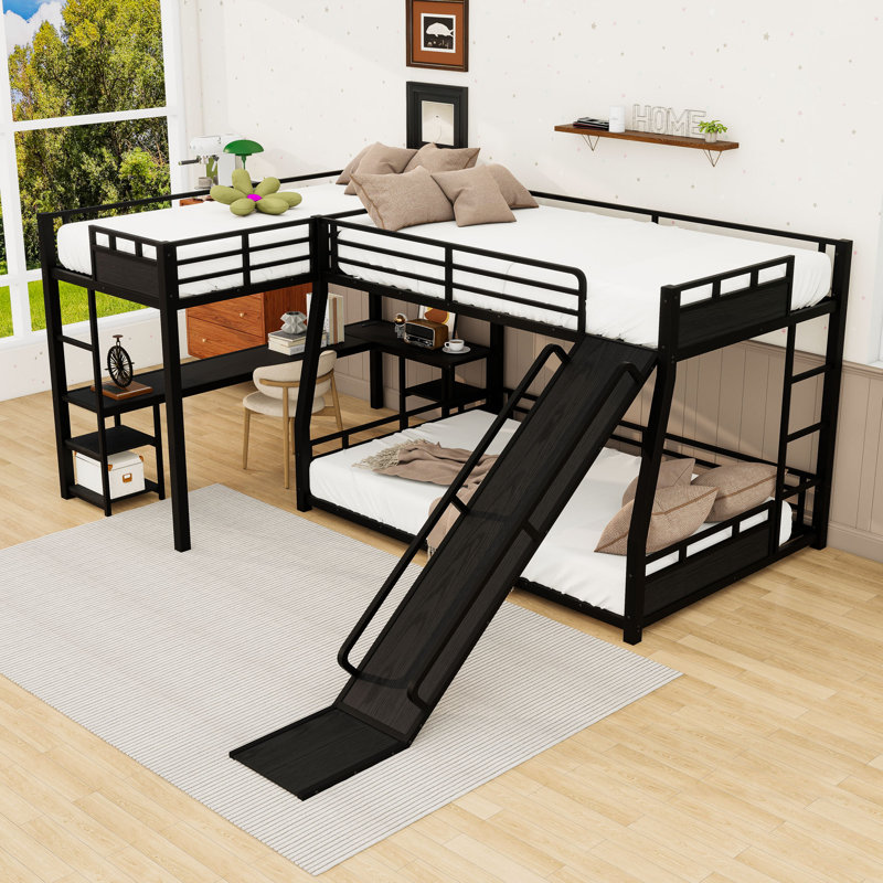 Metal L-Shaped Bunk Bed With Built-In Desk And Slide And Shelves, Twin XL And Full XL Over Queen