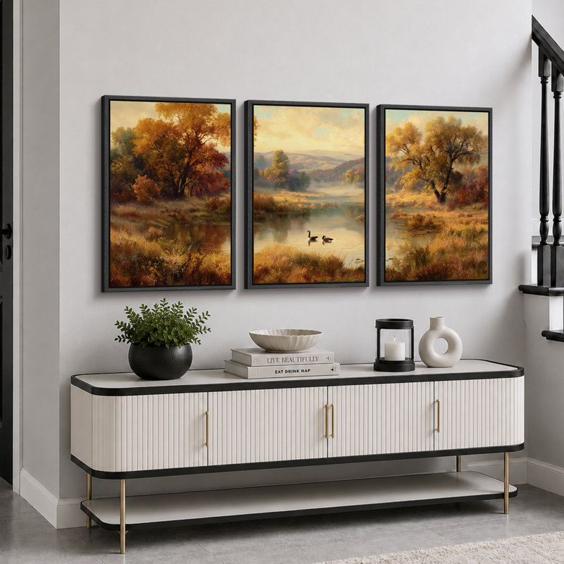 «Golden Autumn Pasture Landscape», art de salle à manger, impression sur toile encadrée, 3 pièces, Cadre noir