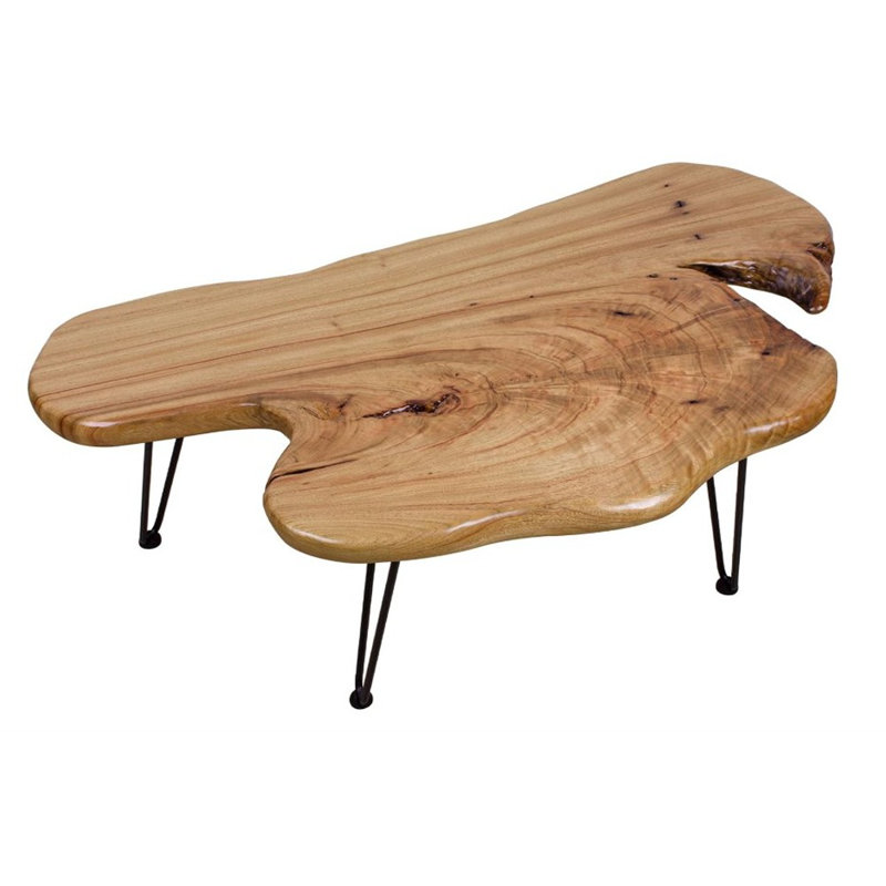 Natural Wood Coffee Table With Clear Lacquer Finish And Metal Hairpin Legs For Living Room - 16" Tall - Mesa De Centro Para Sala