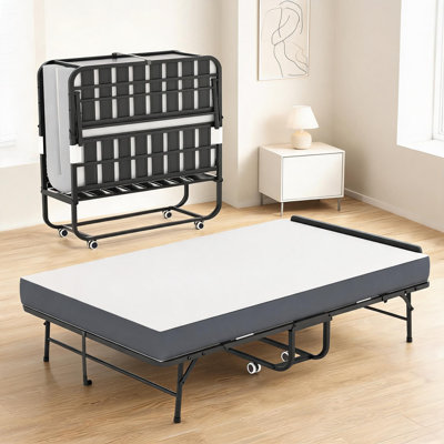Jet Black Metal Folding Bed, Extra Long Spacious Guest Bed for Tall Adults with Adjustable Headboard