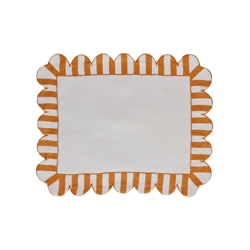 Jardin Embroidered Linen Scalloped Stripe Placemats, White/Amber