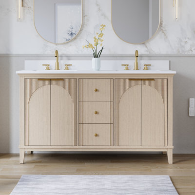 60"Wx35"H Freestanding Light Oak Solid Wood Bathroom Vanity with White Quartz Countertop, Adjustable Shelving And Undermount Ceramic Double Sink 