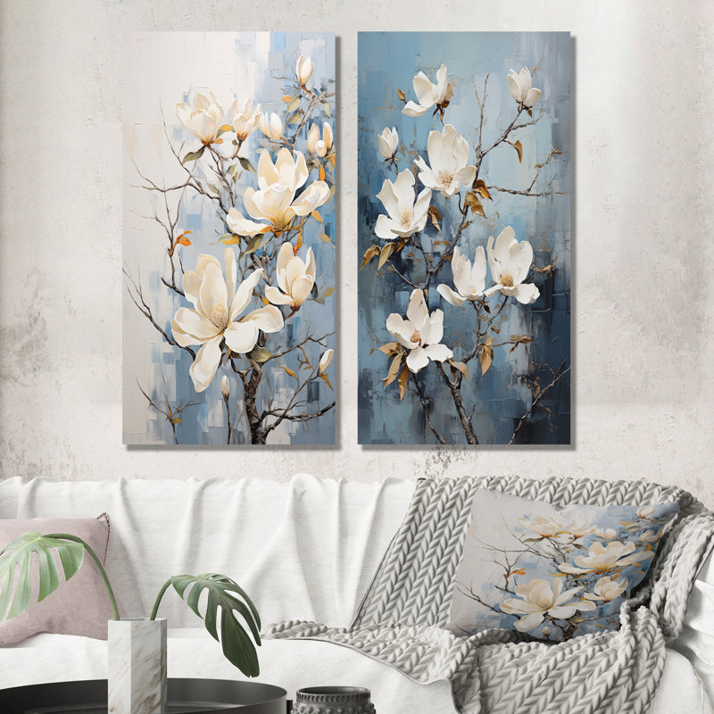 Ensemble de 2 décorations murales bleues et blanches Magnolias, H 28 po x l 25 po, Toile tendue
