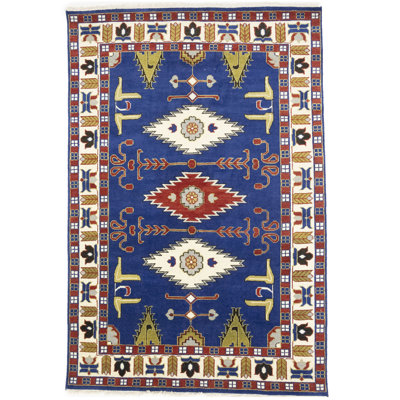 Blue Geometric 6X9 Handmade Kazak Oriental Rug