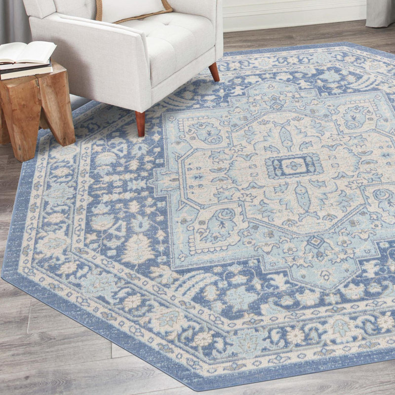 Tapis oriental bleu Shailena, Octogone 7 pi x 7 pi