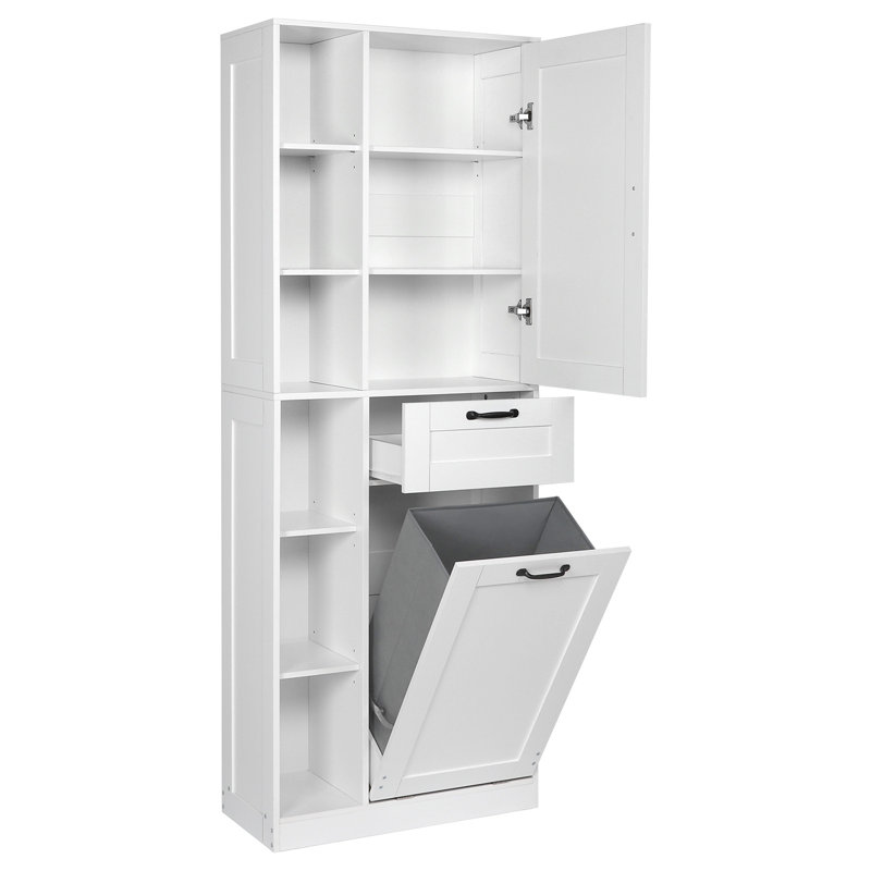 Meuble de rangement de 180 cm de hauteur pour salle de bain et buanderie avec panier à linge basculant, tiroir et étagères réglables