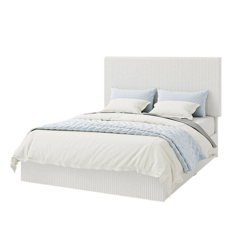 Modern Corduroy Fully Upholstered Platform Bed With Headboard, No-Dust Design, No Box Spring Needed, Full, White