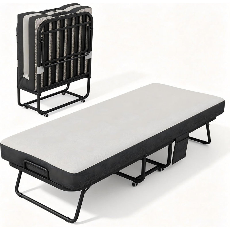 Lit pliant 190 x 97 cm avec matelas en mousse à mémoire de forme de 13 cm, lit d'appoint roulant avec roulettes verrouillables et cadre métallique de 204 kg pour chambre d'amis.