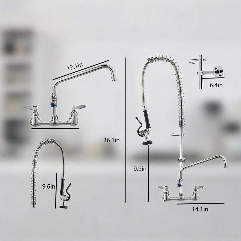 Commercial-Grade Brass Wall-Mounted Sink Faucet With Rotating Spout And Pre-Rinse Nozzle; Suitable For Single, Double, And Triple Sink Kitchens.