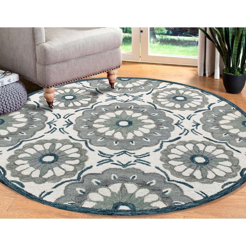 Tapis rond en laine touffeté à la main ivoire / gris, Rond 3 pi
