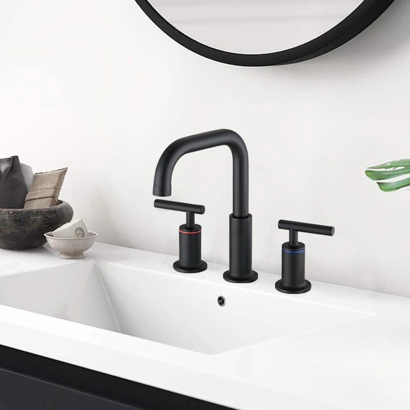 Matte Black Bathroom Faucet 8 In. Widespread With Double Handles And Pop Up Drain - Solid Brass, 360 Swivel, Drip- Ceramic Disc Valves, Flow Spout, 1.5 Gpm, Easy To Install, Rust & Tarnish Brass