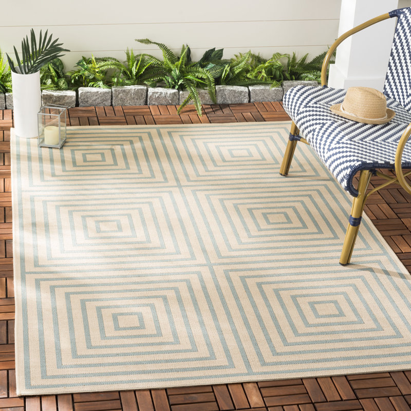 Julieta Cream / Aqua Performance Geometric Indoor/Outdoor Area Rug, Rectangle 9' x 12'