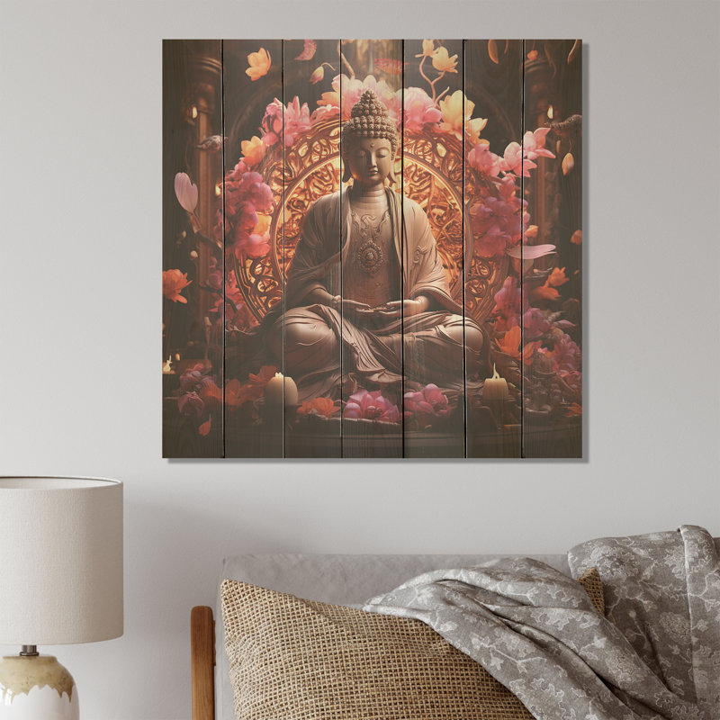 Rose et or, esprit bouddhiste indien - Bouddhisme sur bois, H 25 po x l 25 po