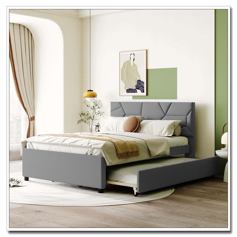 Lit plateforme tapissier avec tête de lit à motif brique et gigogne simple, gris
