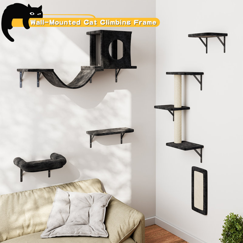  Ensemble de 6 tablettes pour arbre à chat / ensemble d'escalade mural, lit pour chat, hamac Galiya, Noir, noir, noir, noir